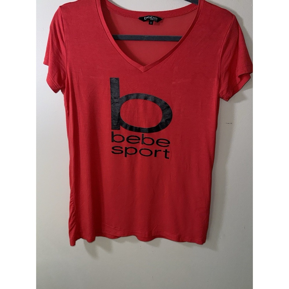 Bebe Sport Logo Tee Womens Small Red Y2K Mesh Back Fitted Baby Tee Grunge